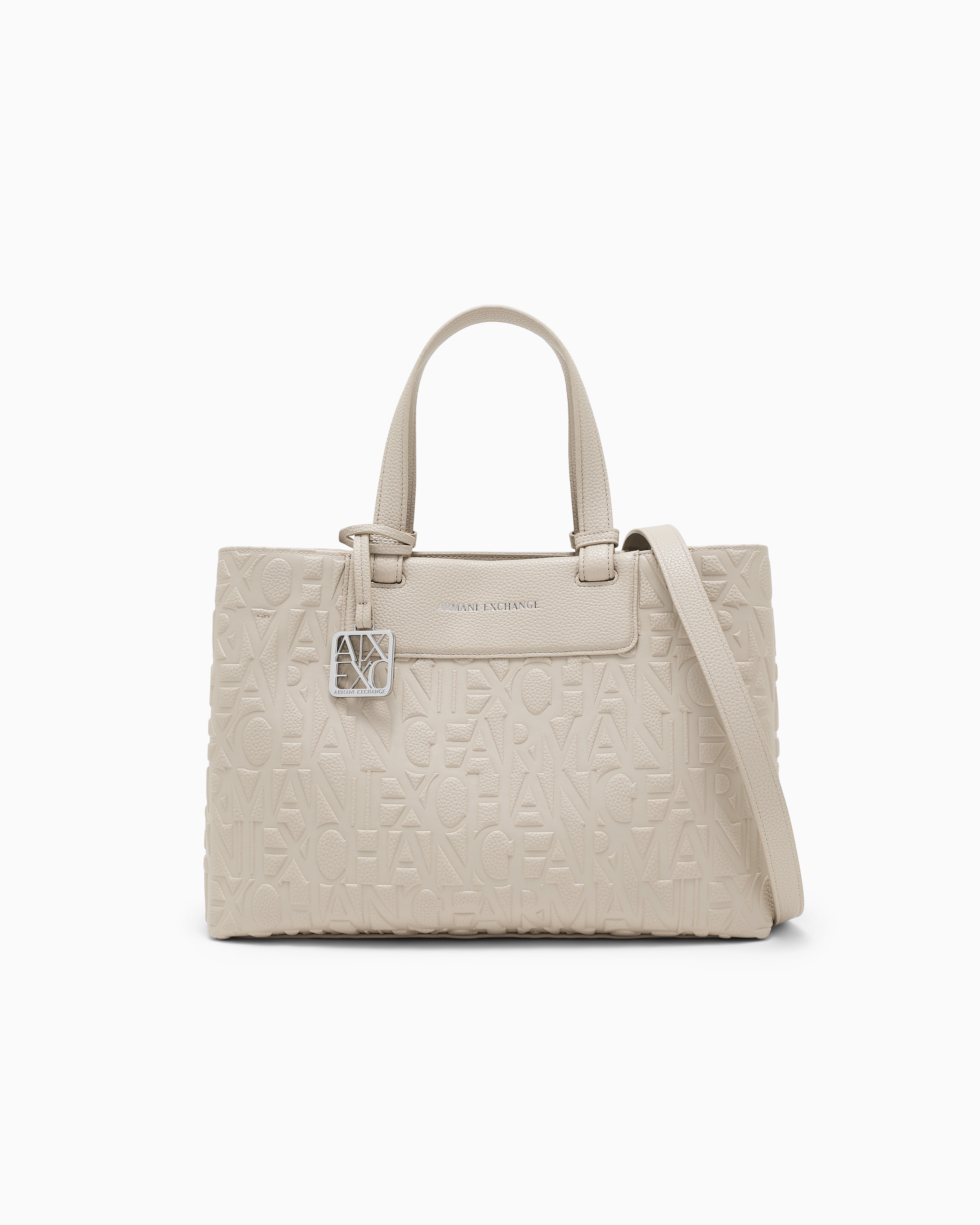 Bolso shopper logotipo en relieve y colgante metálico marfíl