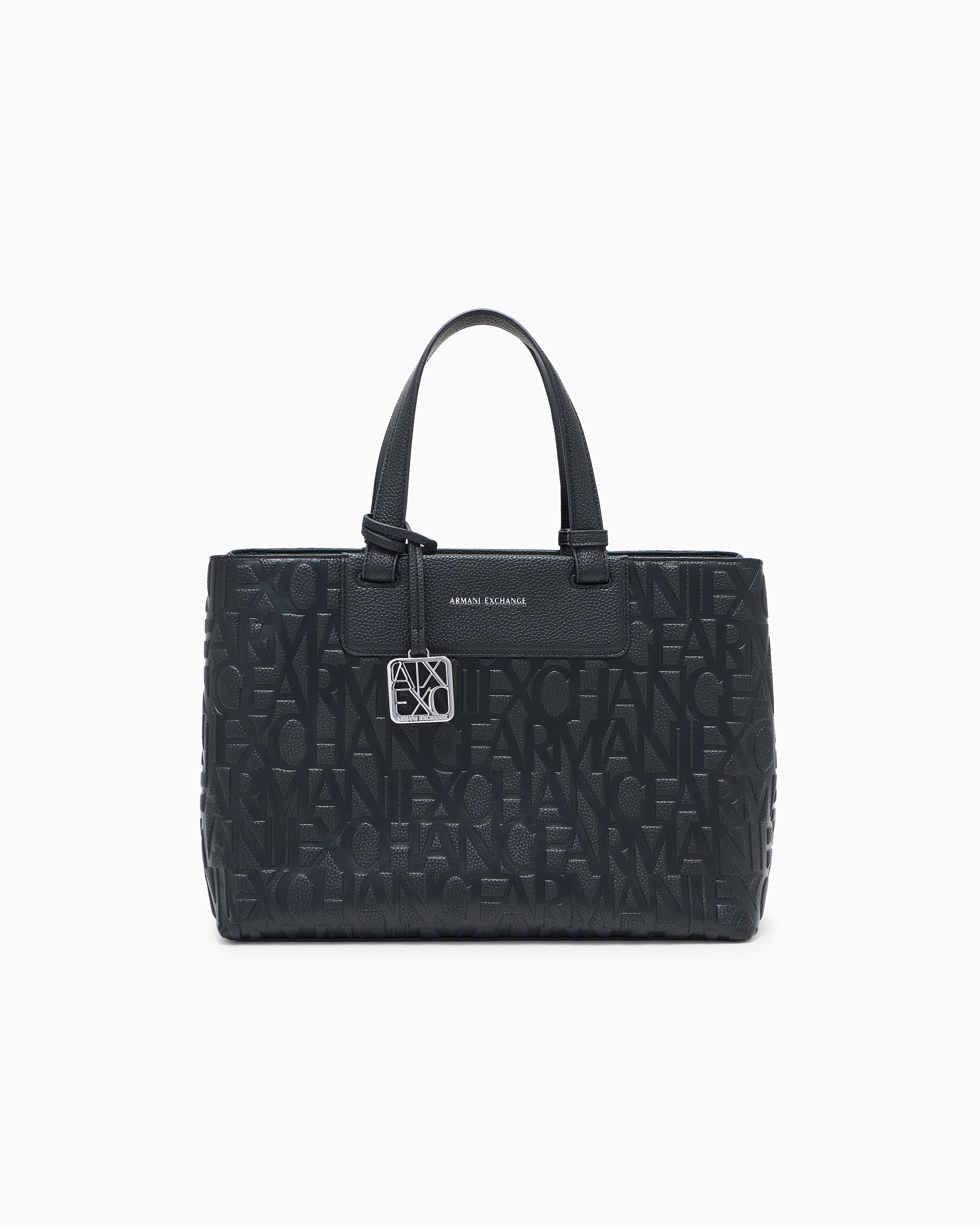 Bolso shopper logotipo en relieve y colgante metálico black
