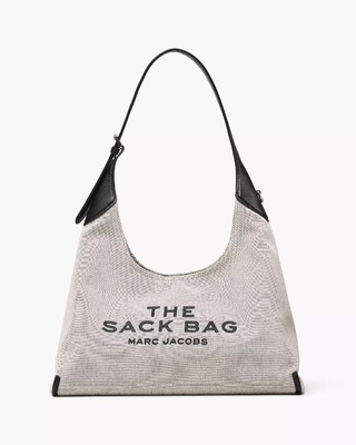The Leather-Trim Canvas Belted Sack Bag ivory/black