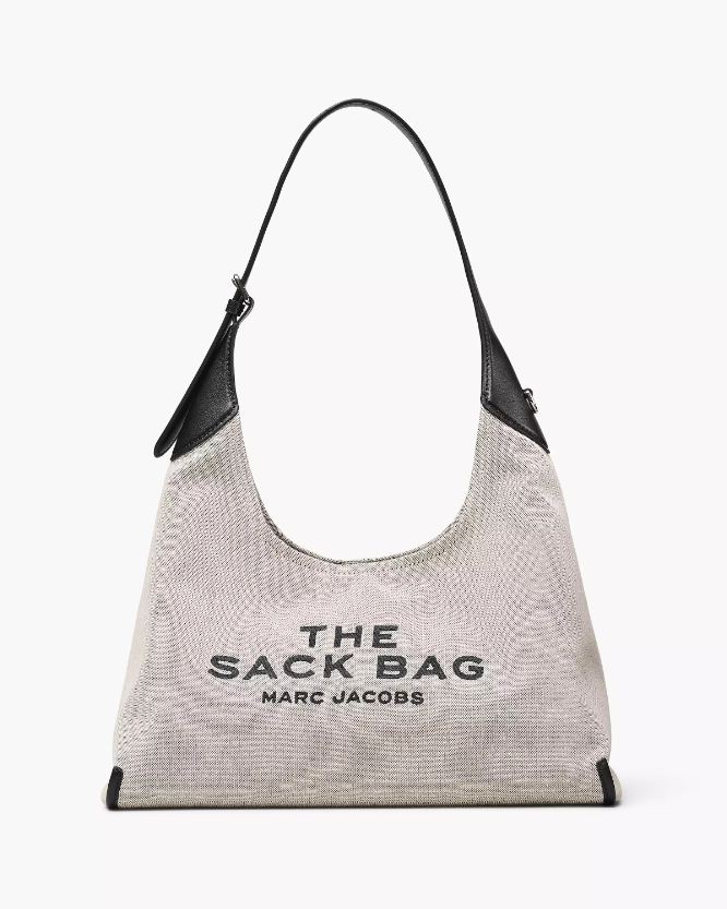 The Leather-Trim Canvas Belted Sack Bag ivory/black